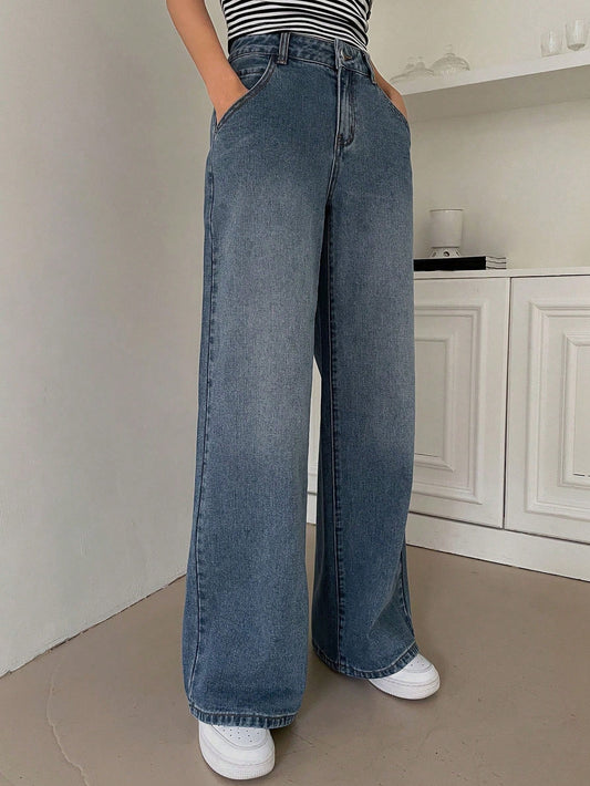 Dam Jeans Hög Midja Bredbenade i Bomull-1