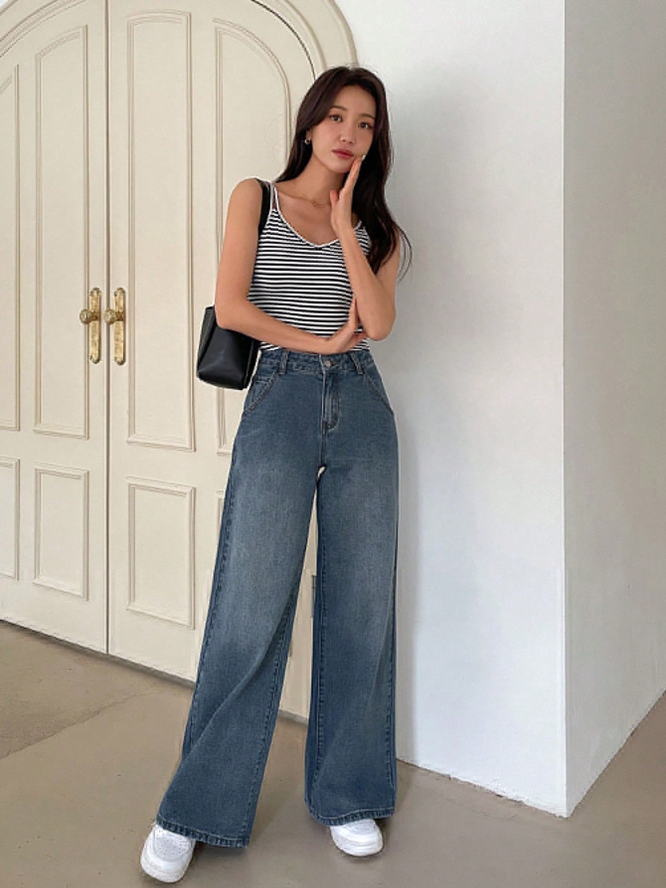Dam Jeans Hög Midja Bredbenade i Bomull-6