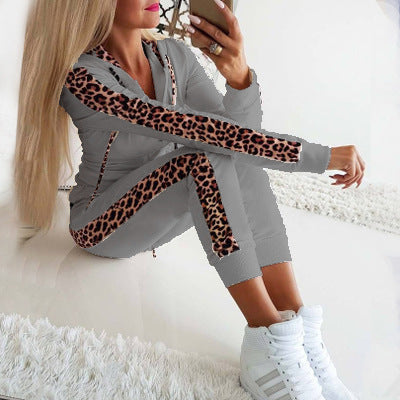 Dam Casual Set Leopardmönster Långa Byxor Bomull-4
