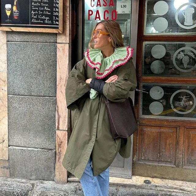 Dam Blus Rutig O-hals 100% Bomull med Rufsad Trim 4