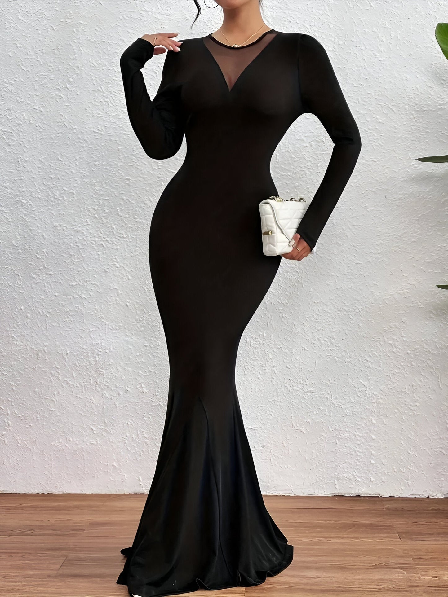 Maxiklänning Dam Långärmad Sjöjungfruskärning Polyester Elegant Golvlängd-6