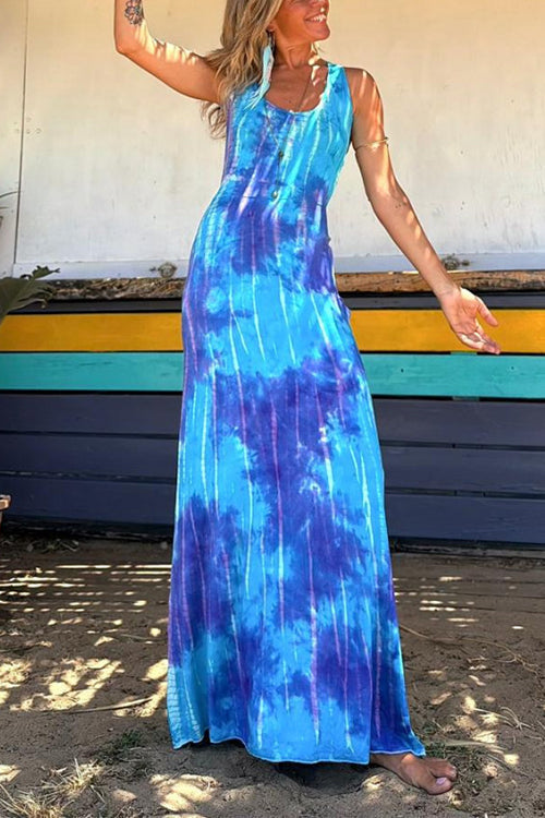 Dam Maxiklänning Criss Cross Tie Dye Bomull Polyester Elegant Silhuett-3