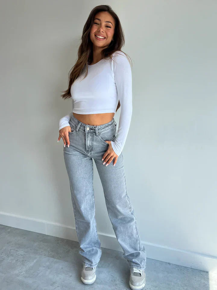 Dam Jeans Hög Midja Rak Snitt Högkvalitativ Denim-2