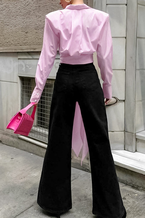 Dam Blus Långärmad Randig Bindning i Midjan Bomull Polyester-4