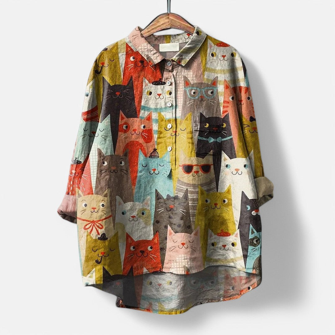 Dam Blus Elegant Polyester med Färgat Konsttryck-5