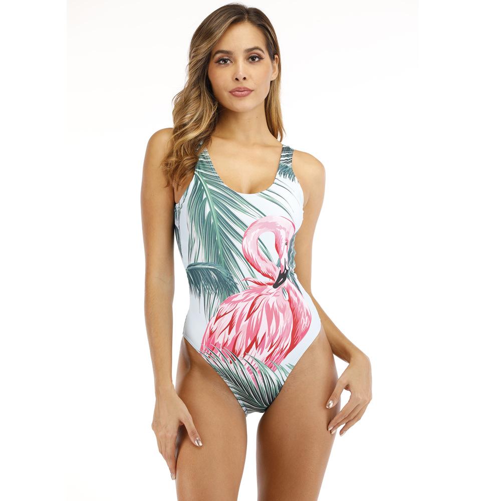 Dam Baddräkt En Del Flamingo Tryck Nylon Spandex-4