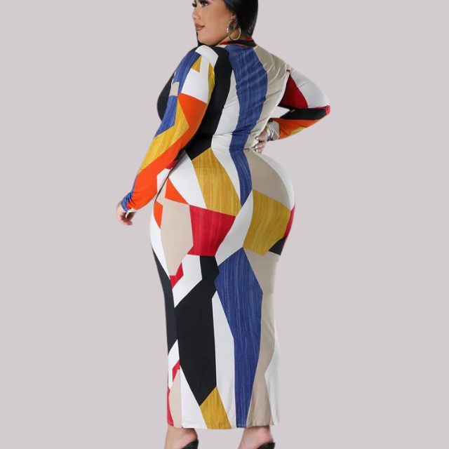 Långklänning Dam V-ringning Långärmad Stretchigt Tyg Abstrakt Mönster-4