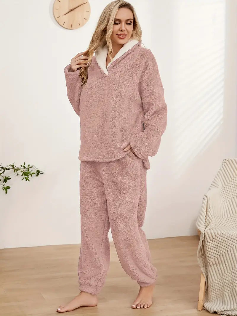 Dam Loungewear Set V-Ringad Thermoflanell Avslappnad Passform 8
