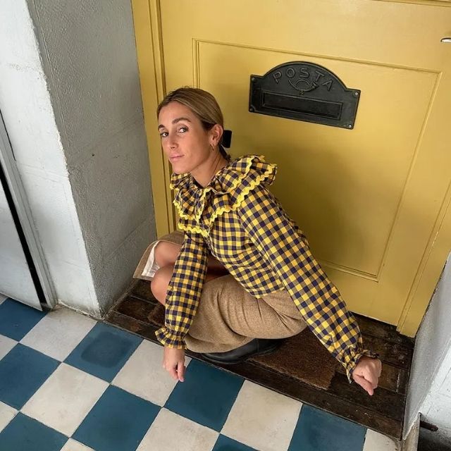 Dam Blus Rutig O-hals 100% Bomull med Rufsad Trim 9