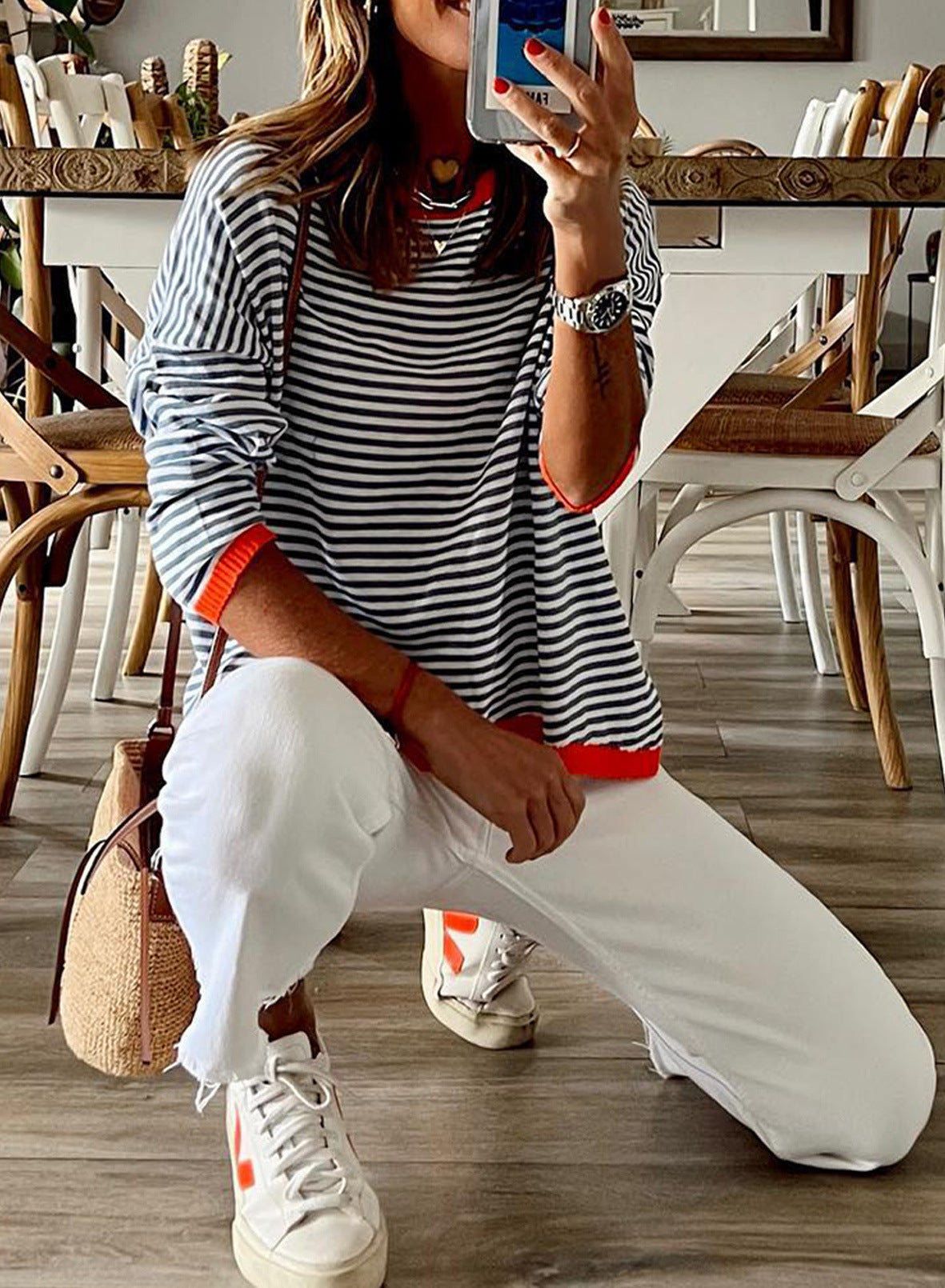 Dam Tröja Randig Mjuk Bomull Elegant Stil 4