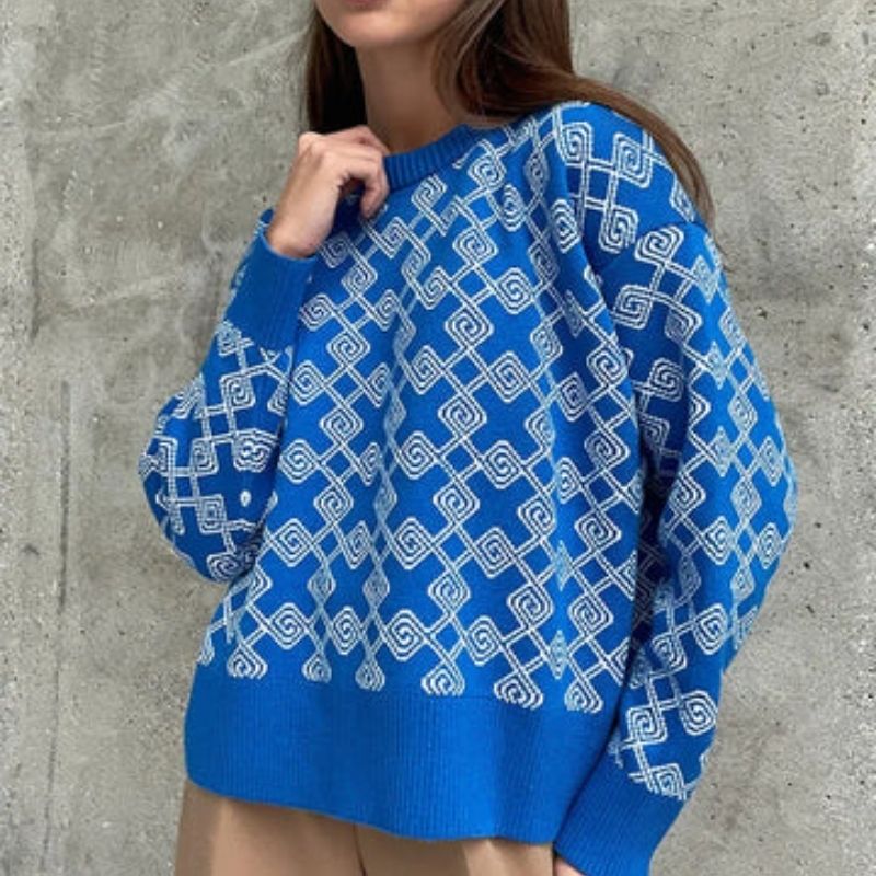 Dam Stickad Jacquard Tröja Mjuk Garn Modern Design-4