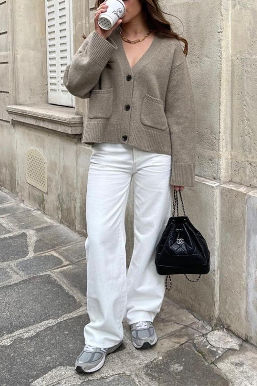 Dam Kofta V-ringad Bomull och Polyester med Knappstängning och Fickor-6