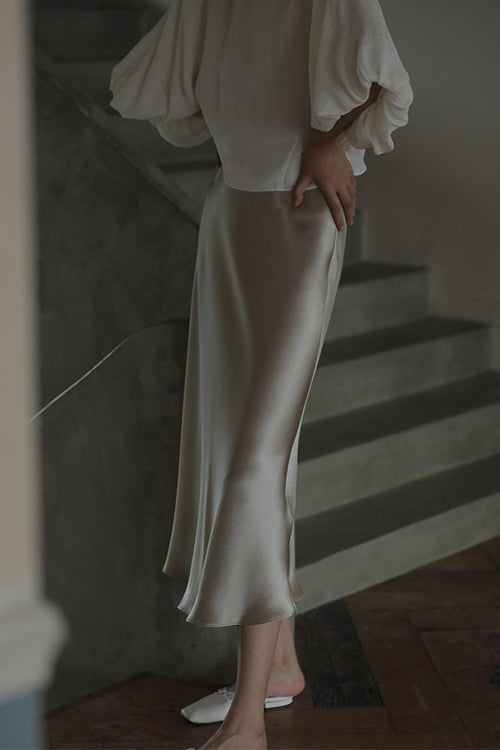 Dam Midi Kjol Hög Midja Satin Elegant-5