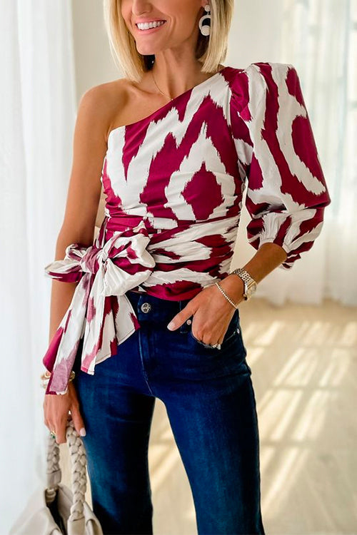 Variant image for Dam Blus Puffärmar Bindande Bälte Tryckt Bomull Polyester-1