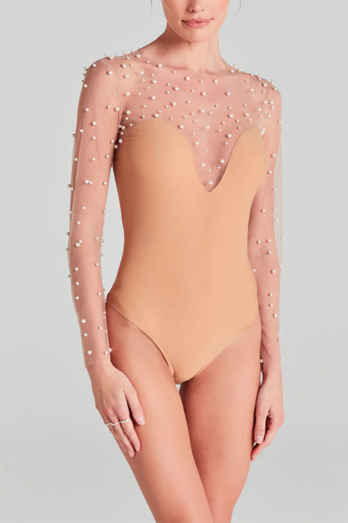 Dam Bodysuit Transparent Mesh med Pärldekoration Polyester-1