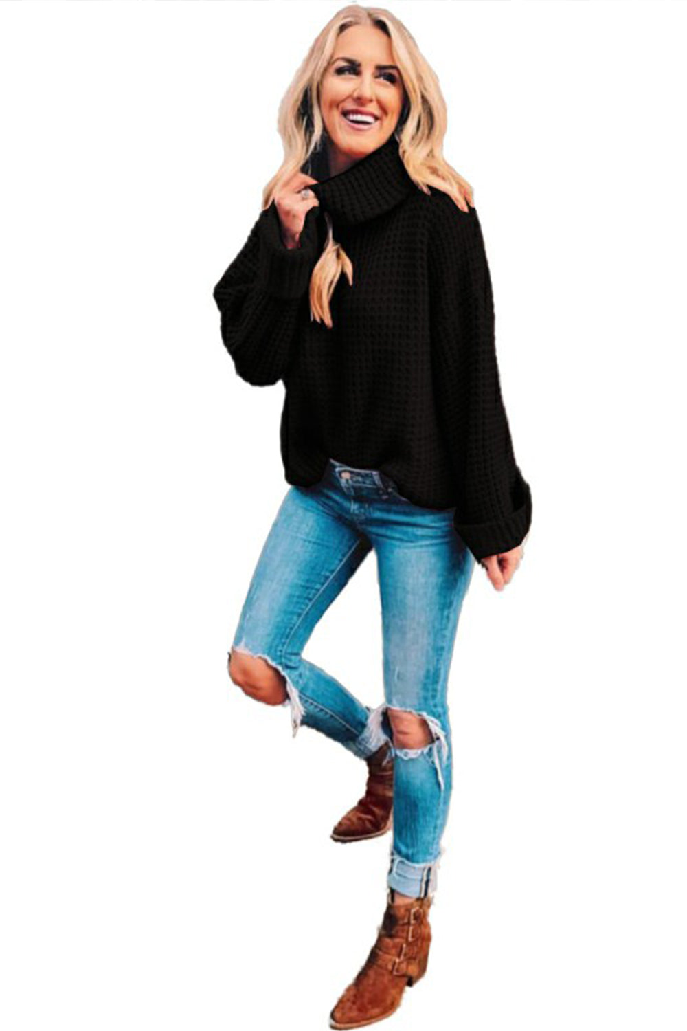 Stickad Dam Tröja Hög Krage Polyester Långa Ärmar-6