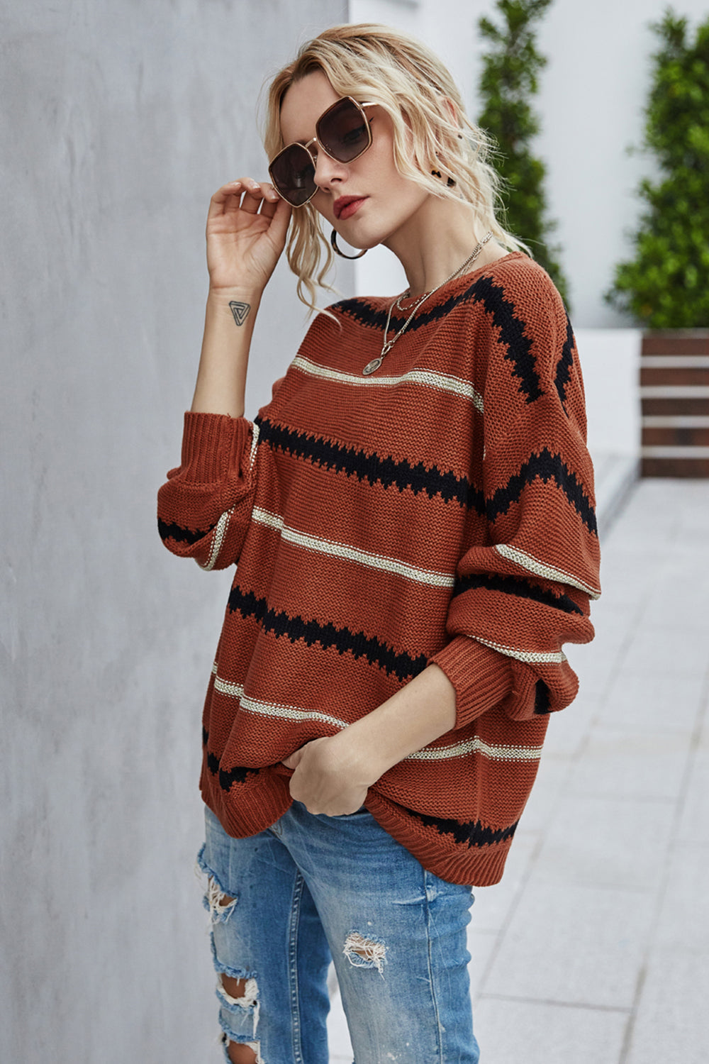 Dam Tröja Långärmad Randig Polyester Bred Silhuett-6