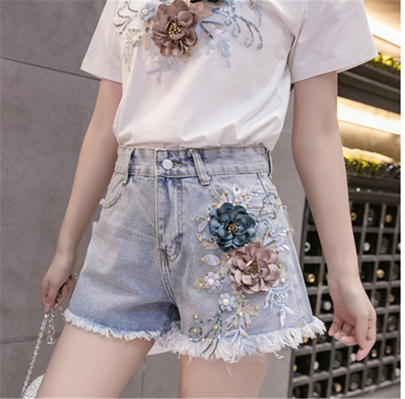 Dam Jeansshorts Hög Midja Blommig Dekoration Bomull-5