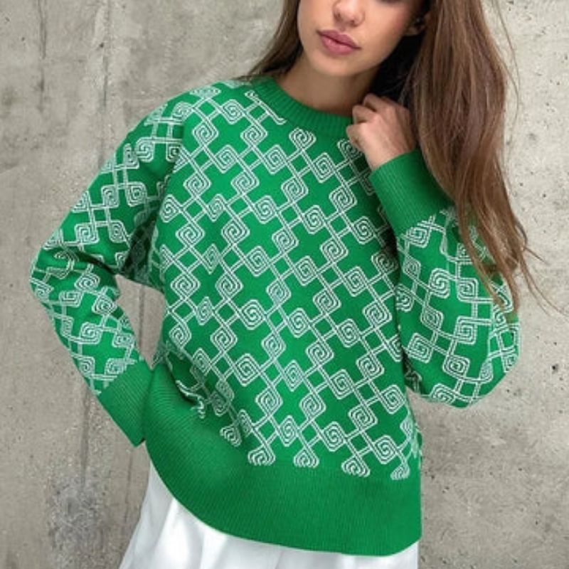 Variant image for Dam Stickad Jacquard Tröja Mjuk Garn Modern Design-16