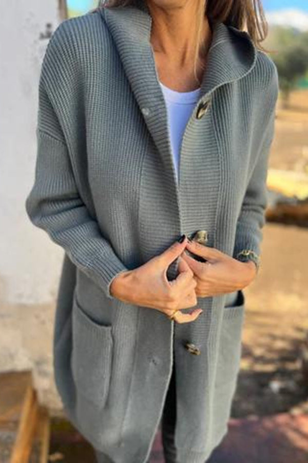 Kvinna Lång Kofta Stickad Design med Huva-6