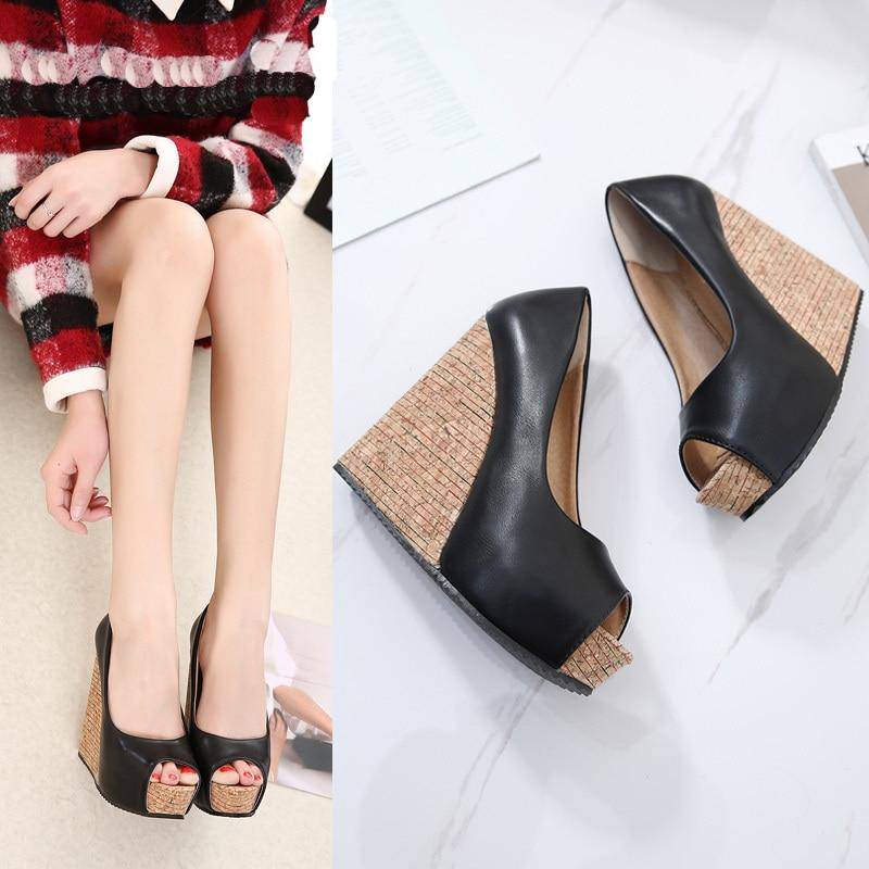 Kvinnors Wedge Skor Hög Klack PU Öppen Tå-3