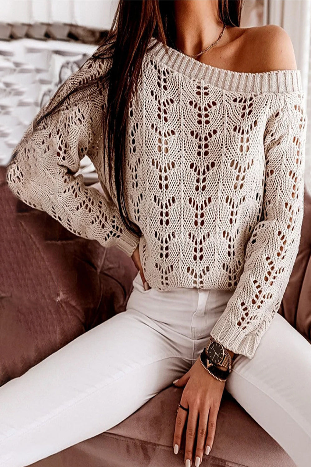 Dam Tjocktröja Off-Shoulder Hålärm Vid Silhuett Polyester-6