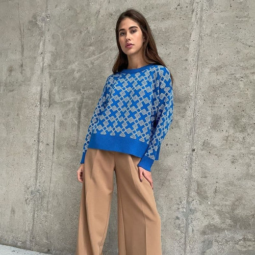 Dam Stickad Jacquard Tröja Mjuk Garn Modern Design-1