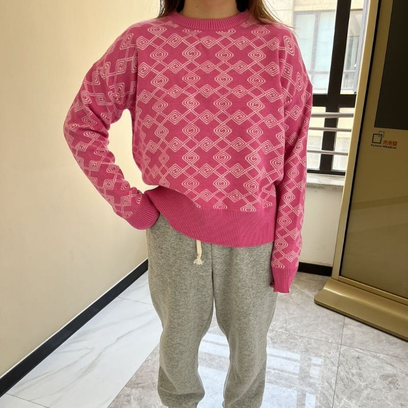 Dam Stickad Jacquard Tröja Mjuk Garn Modern Design-5