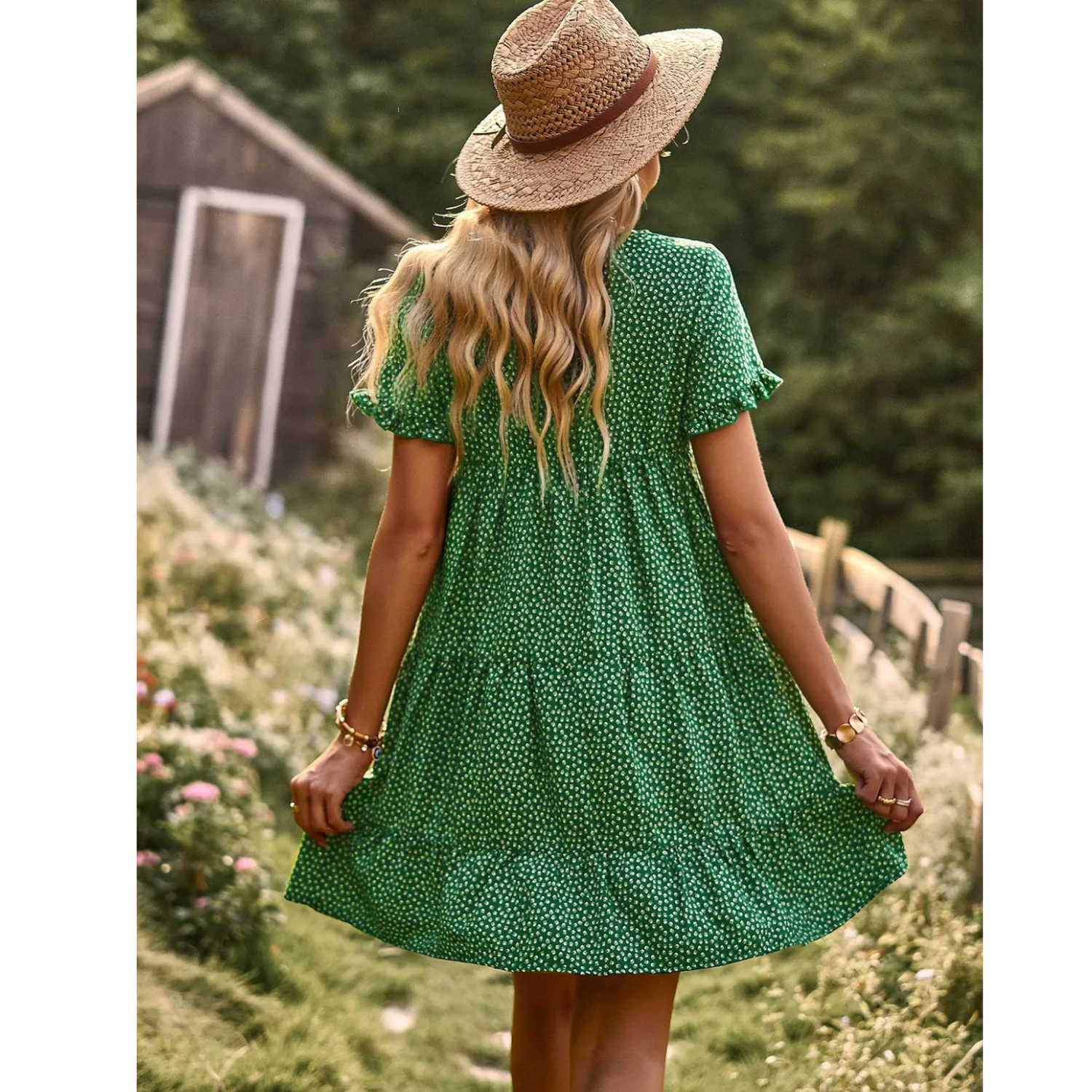 Dam Sommarklänning Blommönster Loose Fit Lätt Tyg med Väskor-2