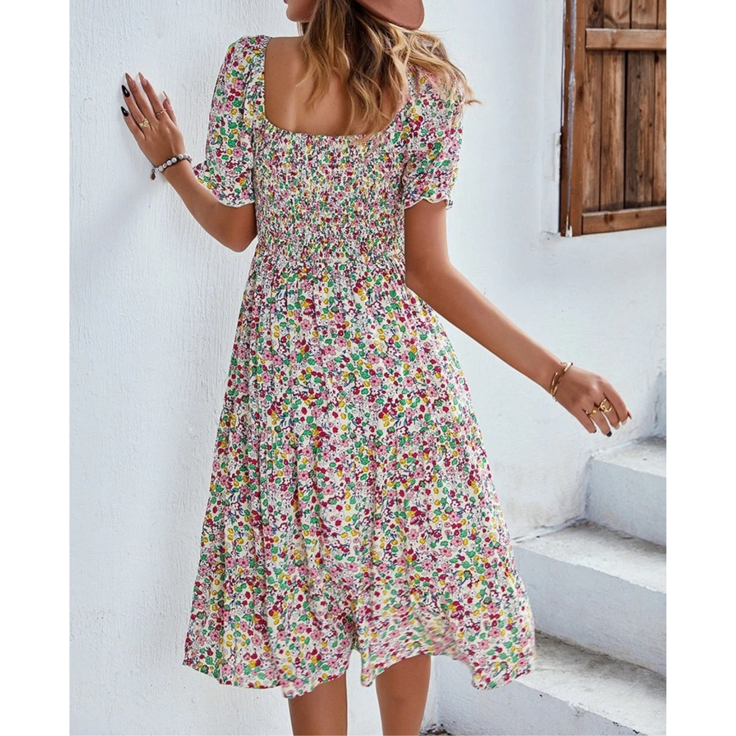 Sommarklänning Dam Elastisk Blå Mönster Rund Halsringning 10