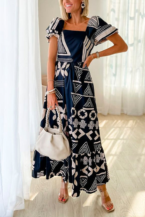 Variant image for Kvinnors Midi Klänning med Puffärmar och Rund Halsringning Polyester-Bomull-1