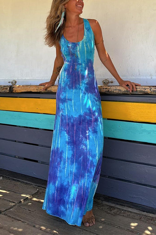 Dam Maxiklänning Criss Cross Tie Dye Bomull Polyester Elegant Silhuett-5