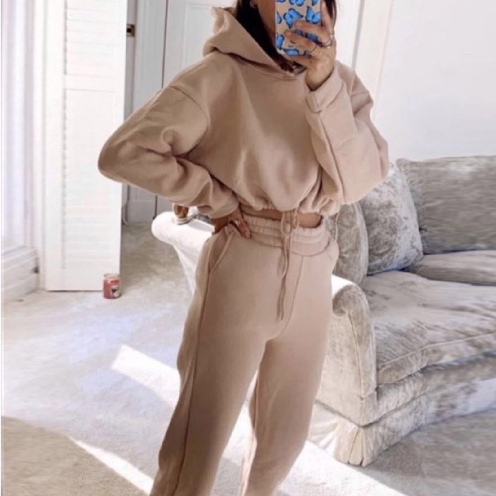 Dam Träningsdräkt Långärmad Hoodie Polyester Tryckbyxor-6