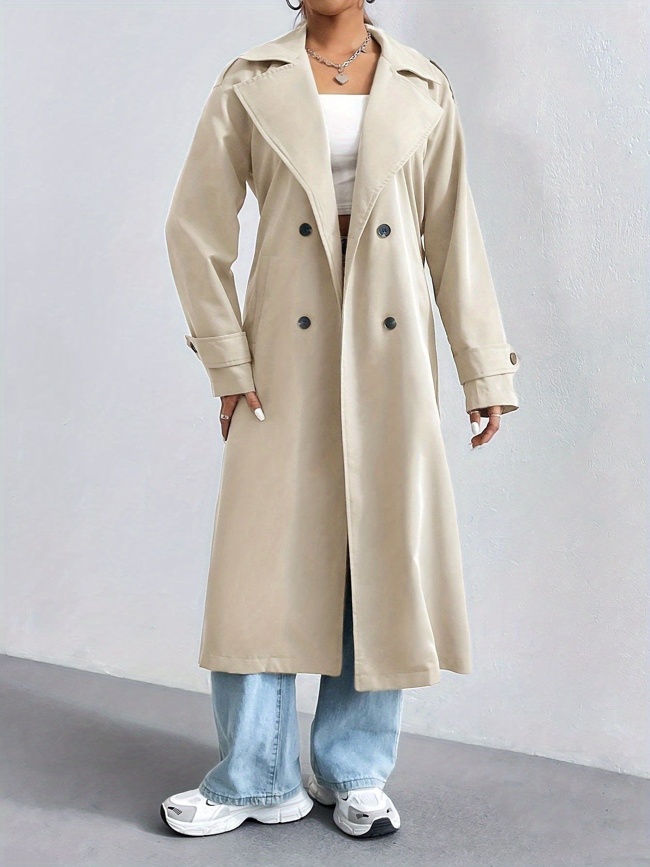 Elegant Långärmad Dam Kappa i Högkvalitativ Polyester – Tidlös Trenchcoat för Formella Tillfällen 3