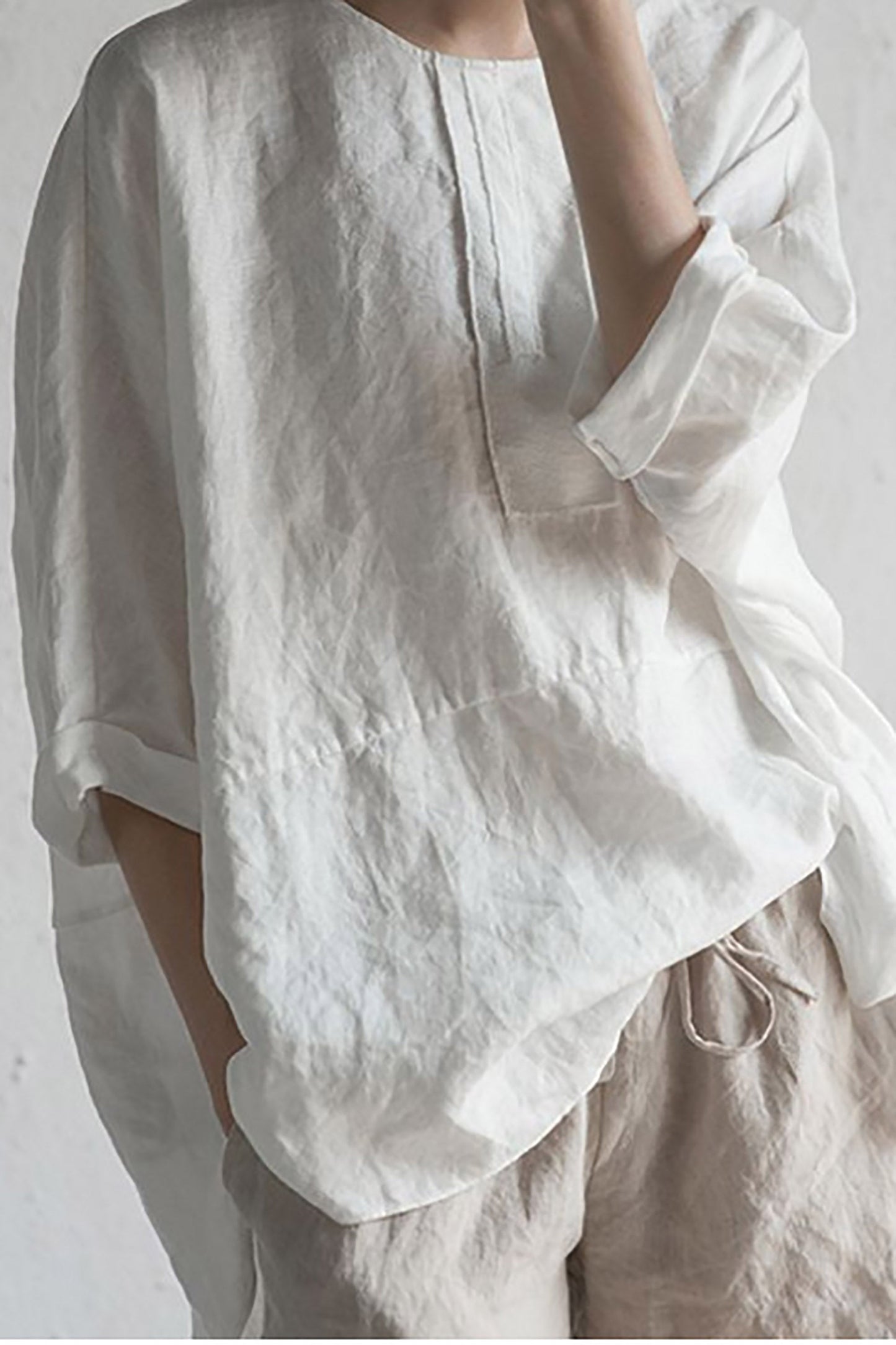 Variant image for Kvinnors Kardigan Halvärmad Rund Halsringning Japanskt Linne-1