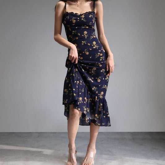 Damklänning Midi Blommig med Ruffles i Polyester-1