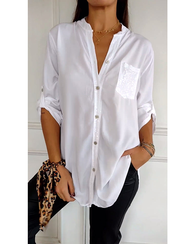 Vit Blus med V-Hals och Paljetter för Dam – Lång Loose Fit, Elegant och Bekväm, Perfekt för Vardag och Fest 8
