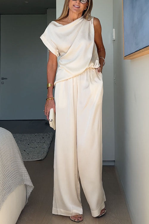 Damkläder Asymmetrisk Axeltröja och Breda Byxor i Bomull och Polyester-5