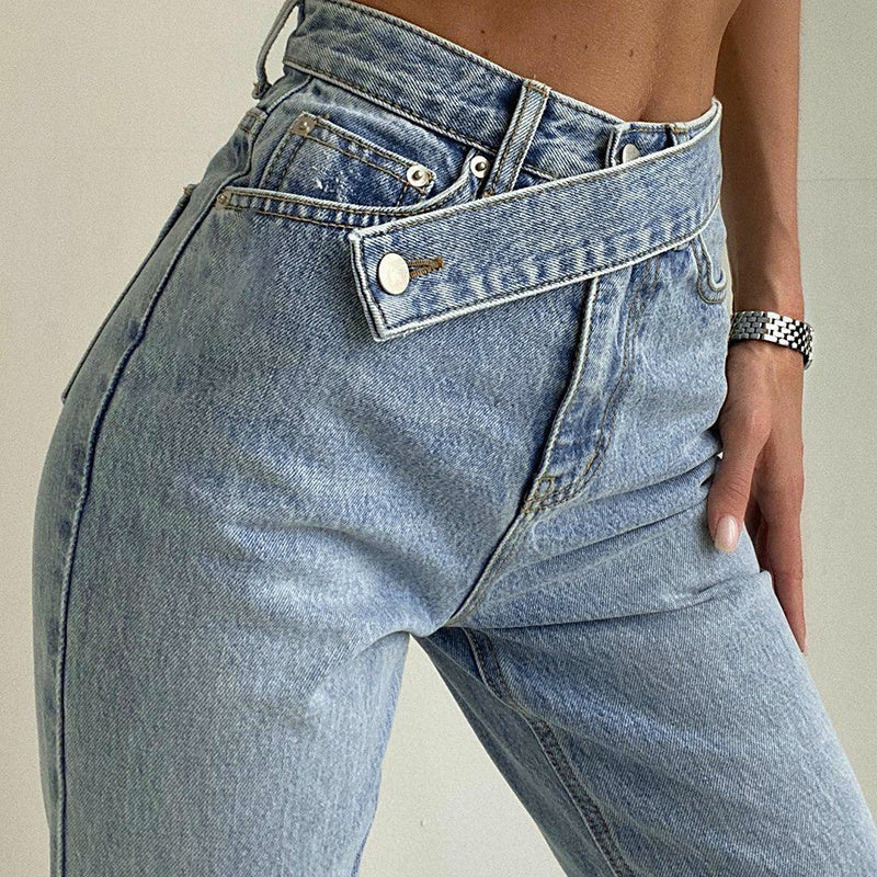 Damjeans Hög Midja med Oregelbundet Bälte – Rak Snitt, 100% Bomull, Avslappnad Passform, Mångsidiga Stilar 3