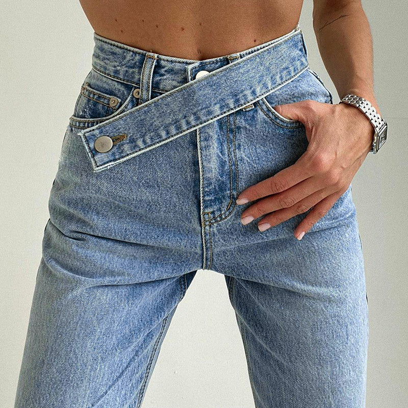 Damjeans Hög Midja med Oregelbundet Bälte – Rak Snitt, 100% Bomull, Avslappnad Passform, Mångsidiga Stilar 4