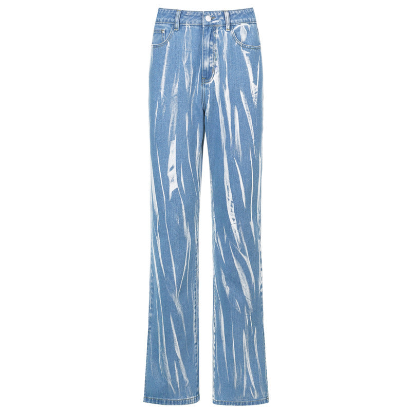 Dam Jeans Hög Midja Baggy Denim med Wolff-tryck-1