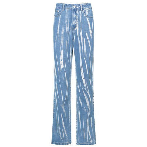 Dam Jeans Hög Midja Baggy Denim med Wolff-tryck-1