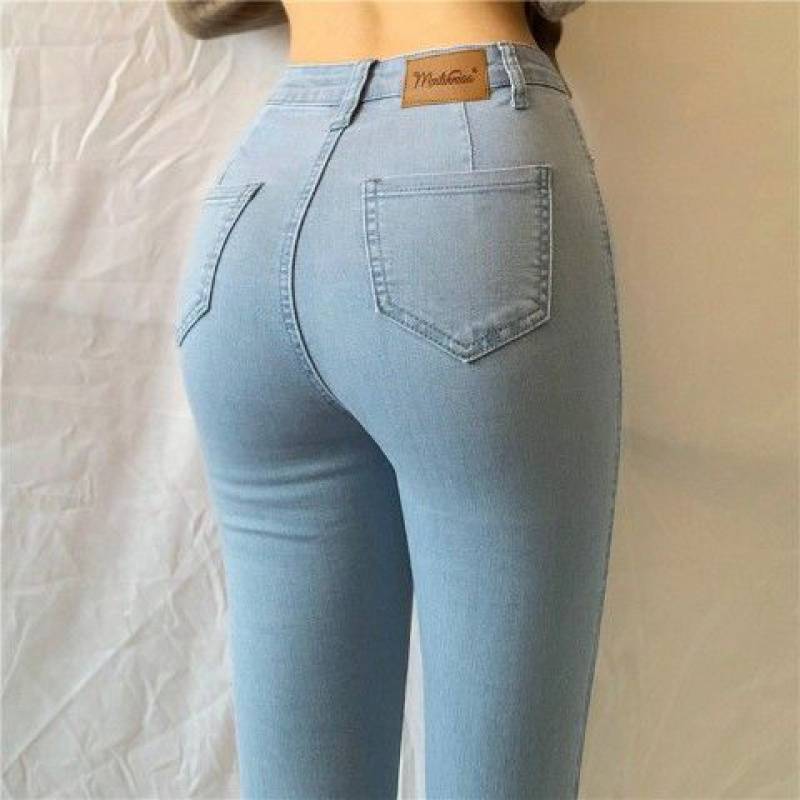 Dam Hög Midja Rivna Jeans Denim Slangformad-6
