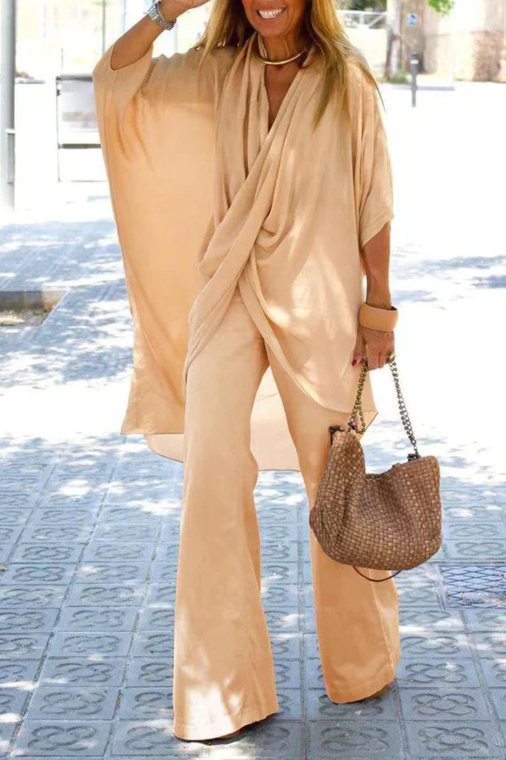 Variant image for Dam Tvådelad Uppsättning Asymmetrisk V-ringning Halvärmar Luftigt Tyg-1