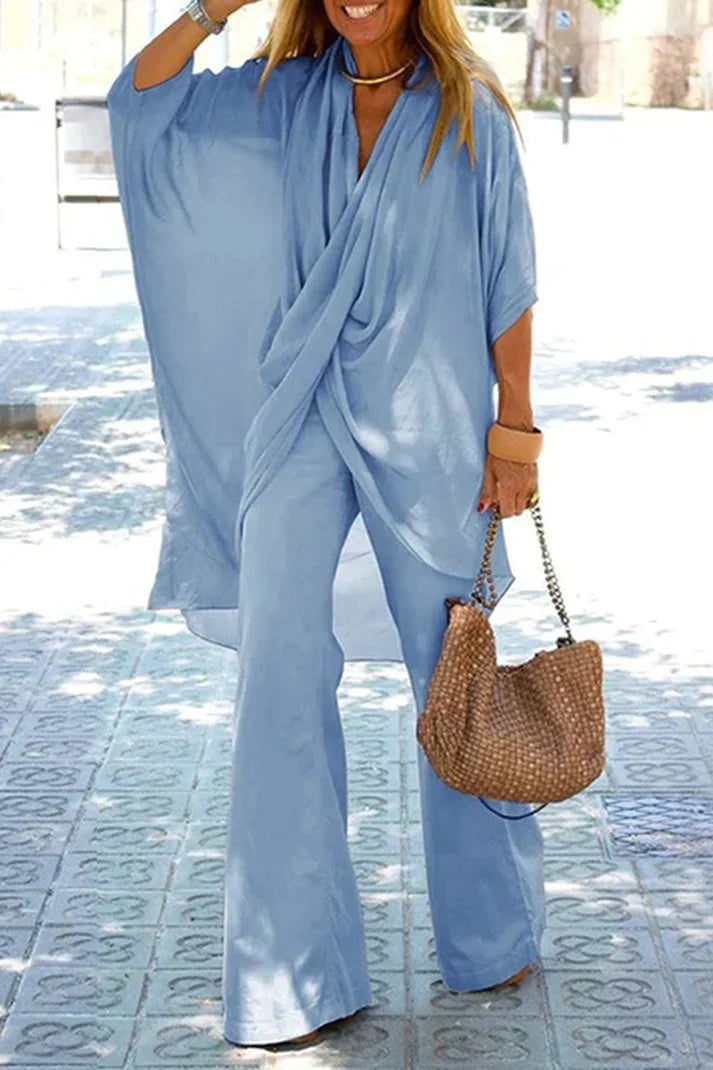 Dam Tvådelad Uppsättning Asymmetrisk V-ringning Halvärmar Luftigt Tyg-6