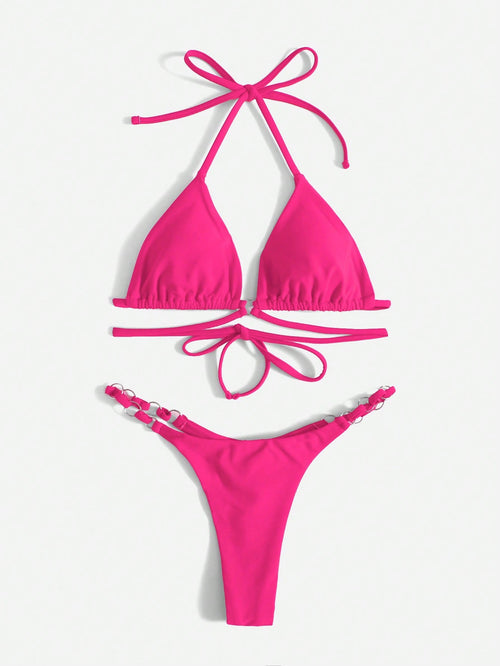 Dam Triangelbikini med Justerbara Bärare och Ringdetalj i Högkvalitativt Elastiskt Tyg-1