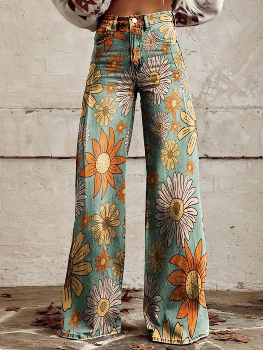 Dam Bredbyxor Vintage Blommönster 100% Bomull-1