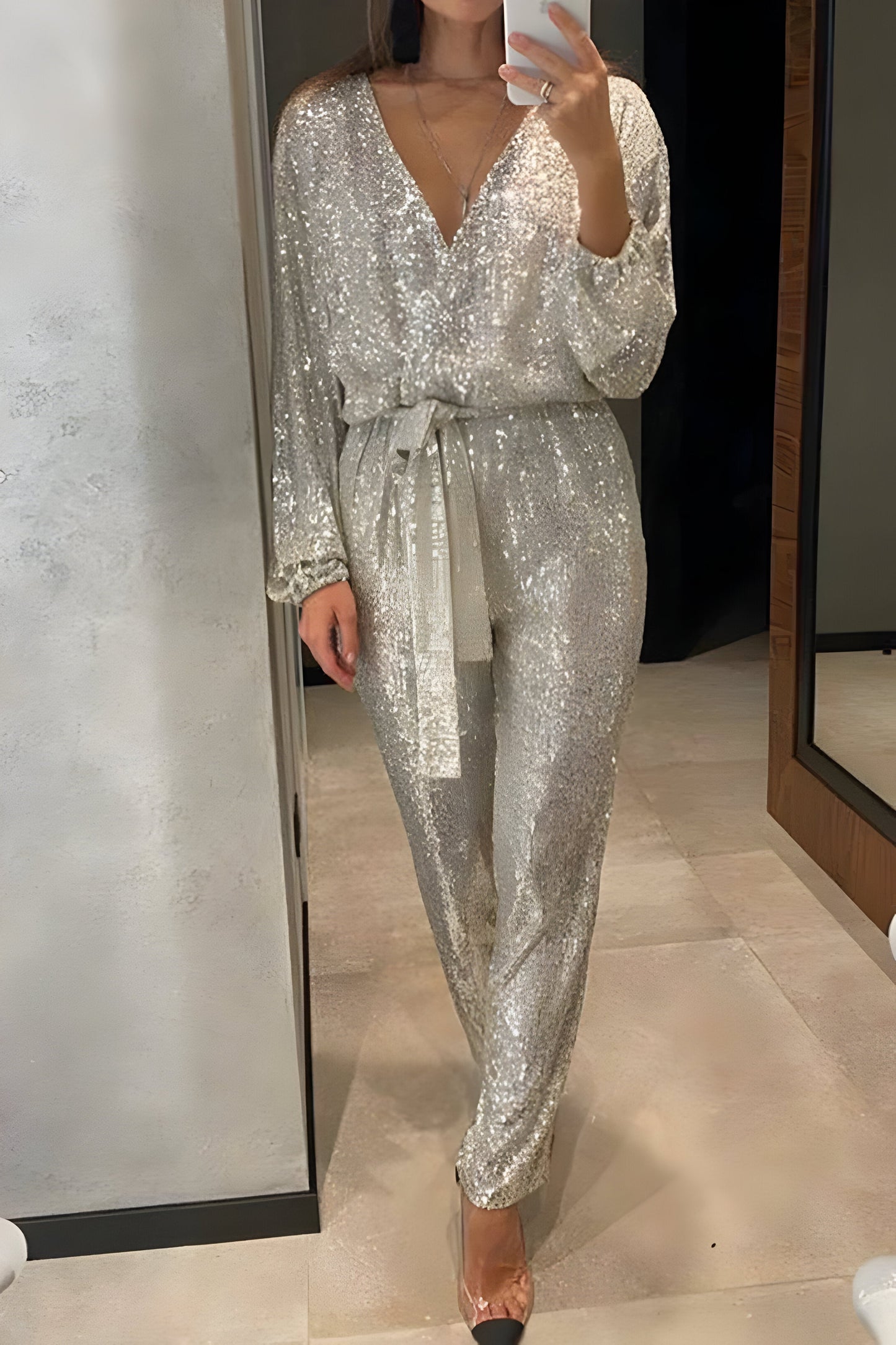 Kvinnors V-ringad Klänning Paljetter Polyester-2