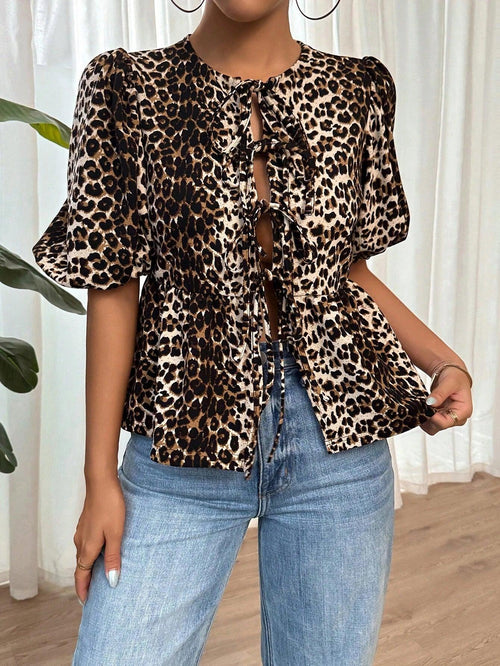 Kvinna Blus Leopardmönster Bunden Detalj Lätt Tyg-1