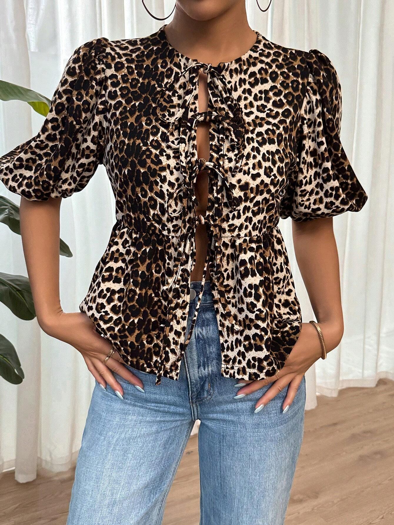 Kvinna Blus Leopardmönster Bunden Detalj Lätt Tyg-5